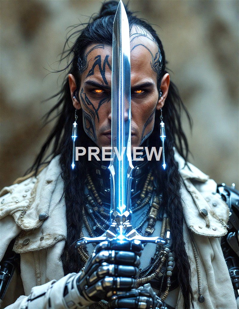 A person with intricate facial tattoos, glowing orange eyes, and cybernetic enhancements, holding a glowing sword vertically in front of their face.